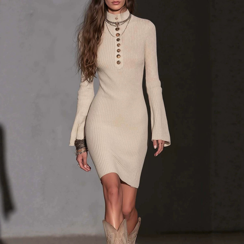 ZARA Western Autumn Winter Ribbed Flared Sleeve Fitted Bodycon Solid Color Dress